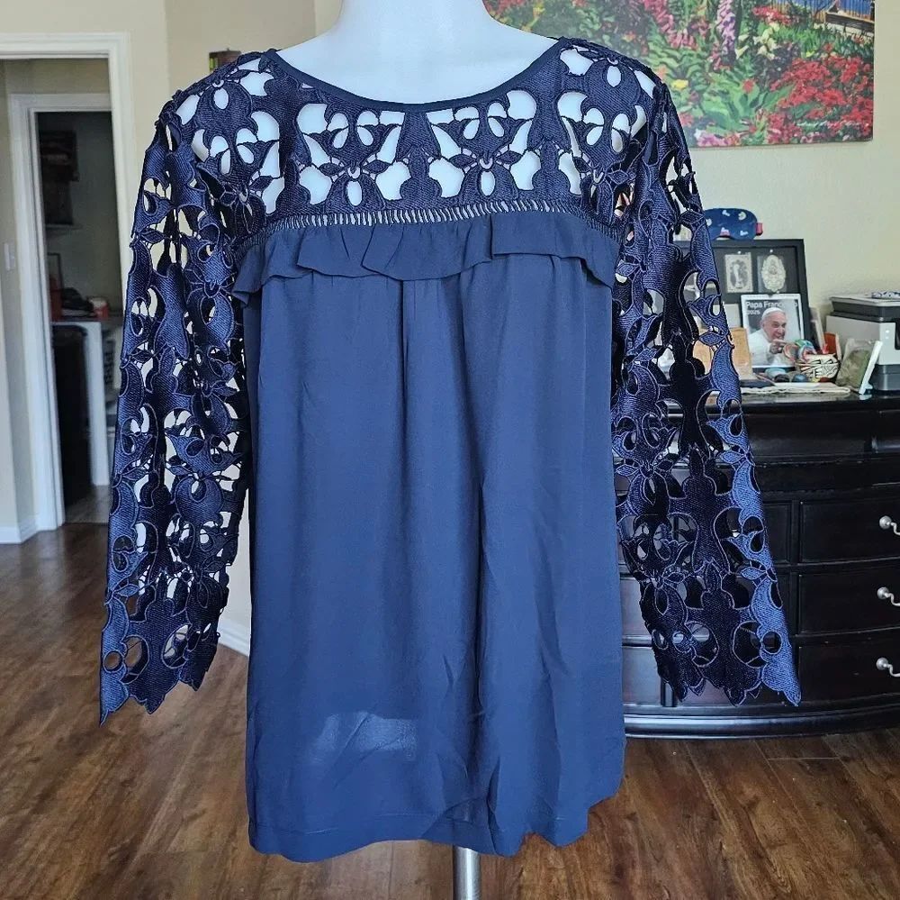 LOFT Navy Blue Lace Sleeve Blouse